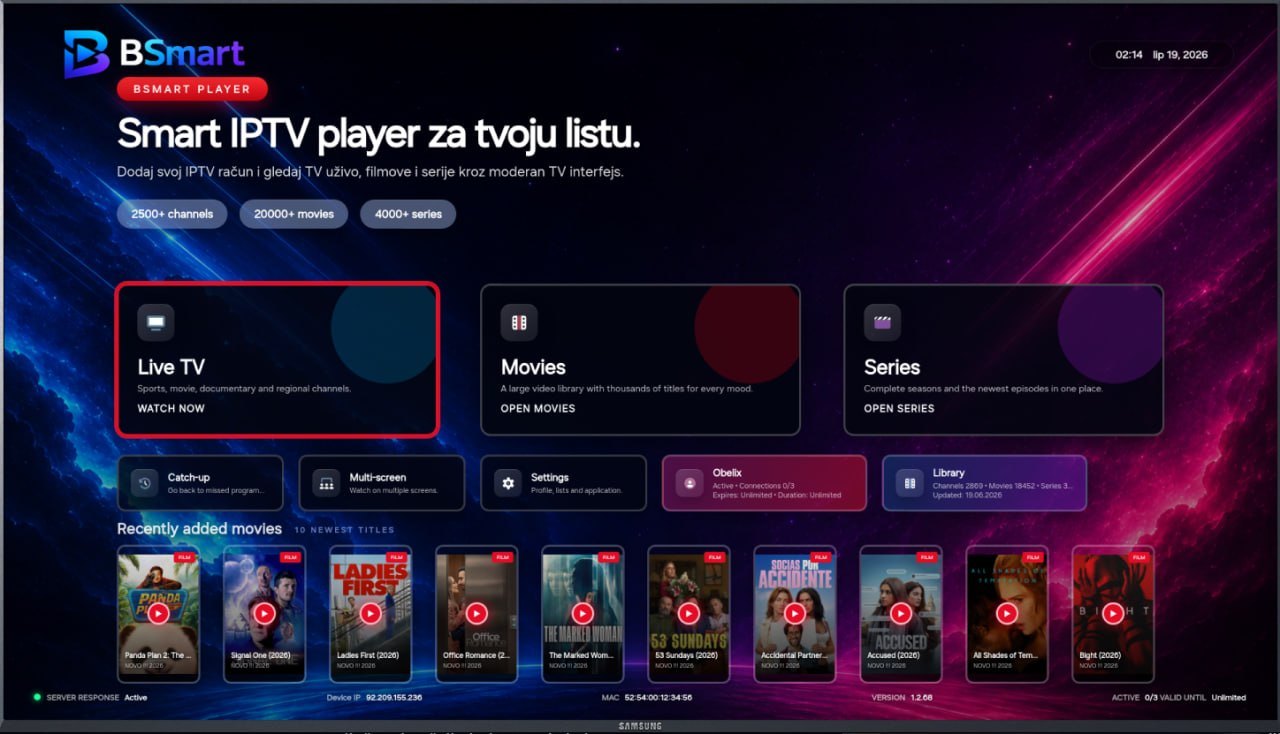 bSmart početni ekran sa Live TV, Movies i Series opcijama