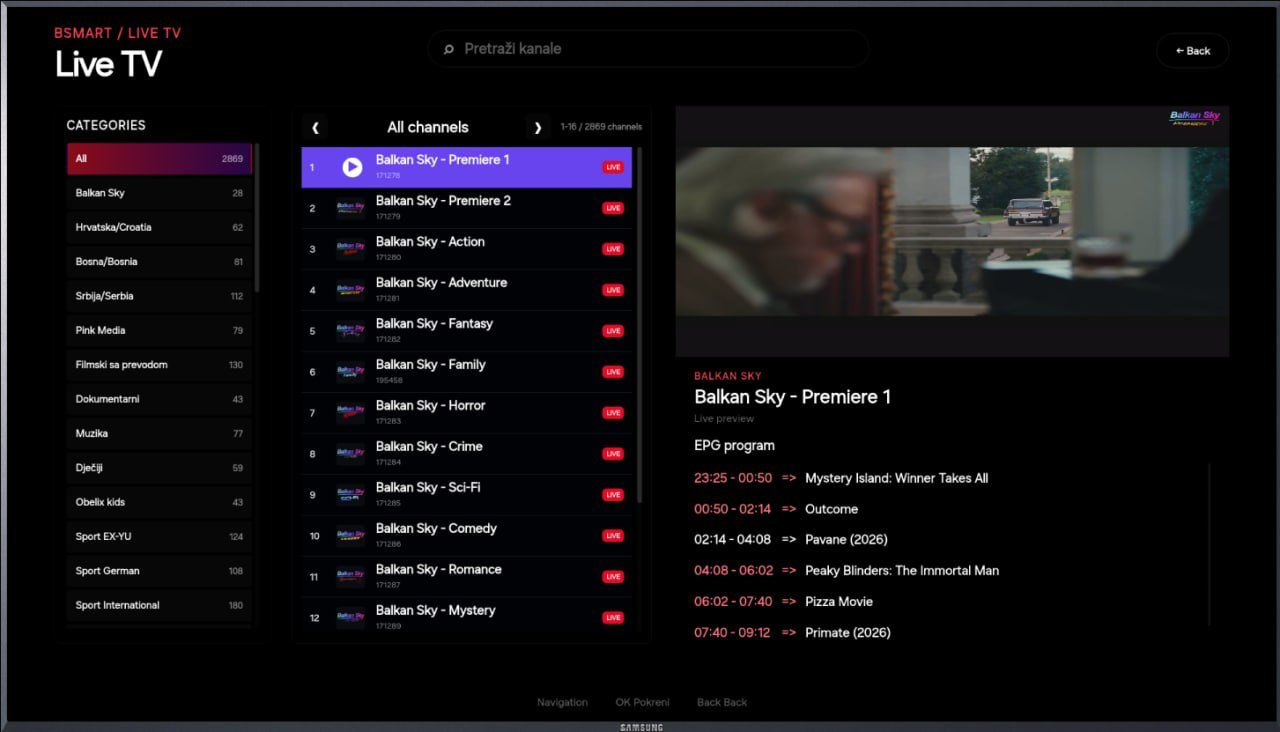 Live TV ekran sa listom kanala i EPG pregledom
