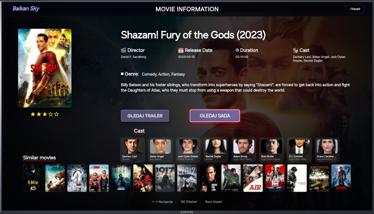 Movie information detail page with trailer and watch buttons